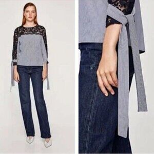 Zara Blue and White Striped Sheer Lace Blouse with Tie Sleeves Size Small